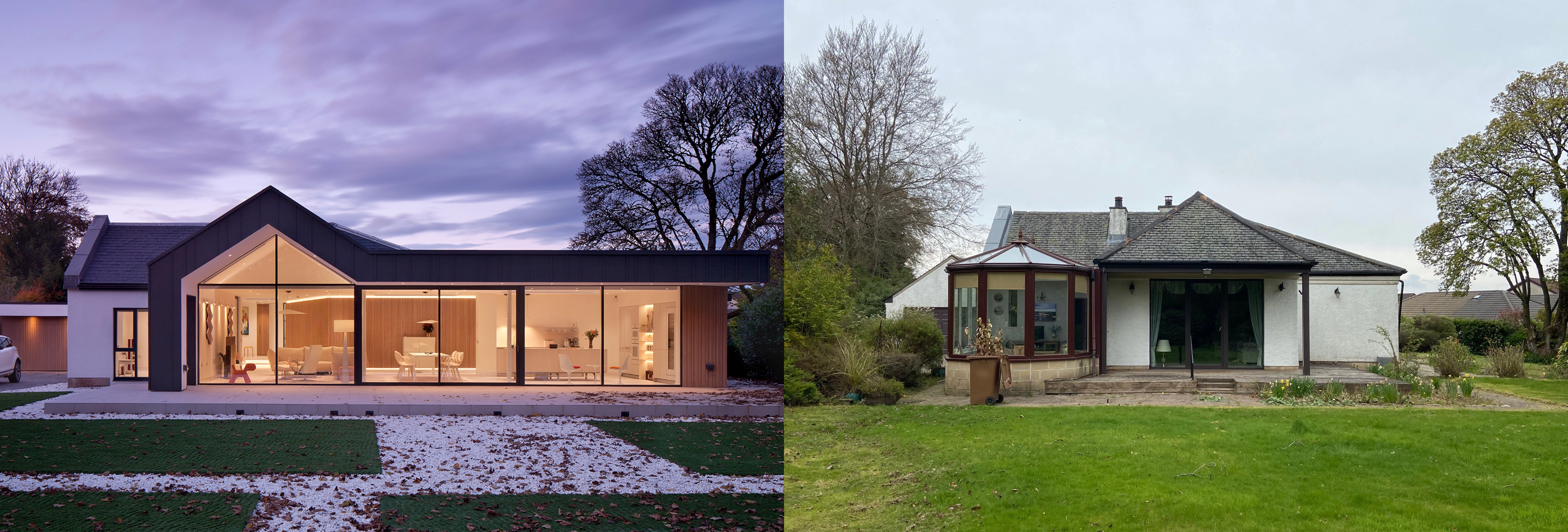 Before and after image of a recently renovated house with floor to ceiling windows, LED lights, spacious open plan living dining and kitchen, a a large garden from which the photo is taken looking at the lit interior.