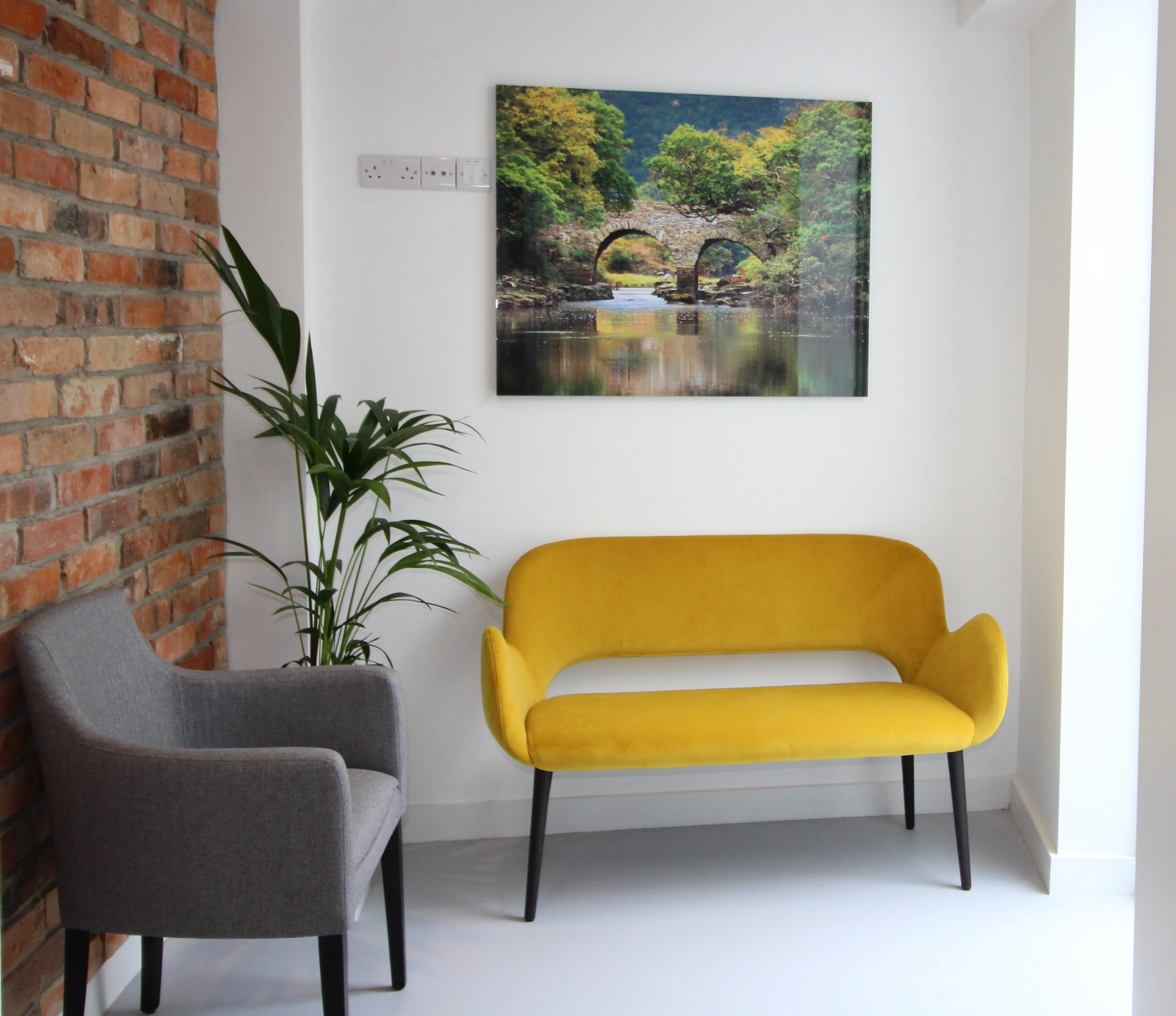 Modern dental office waiting room in a contemporary dental medical healthcare clinic designed by NVDC architects in Ireland, with white interior walls, and soft sofa chairs and plenty of natural light ensuring patient comfort.